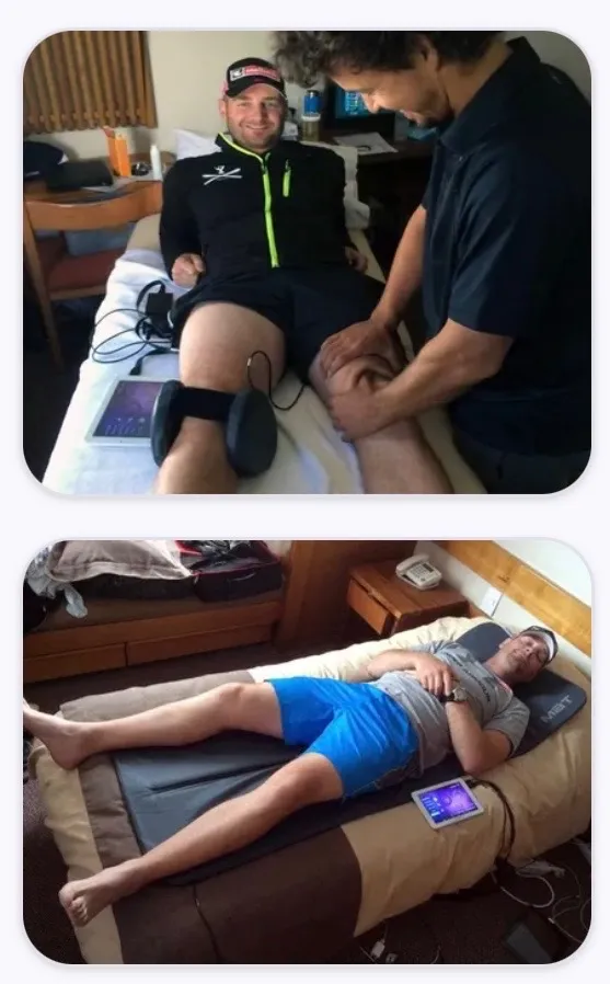 Georg Streitberger receiving PEMF treatment — knee spot therapy and iMRS mat recovery