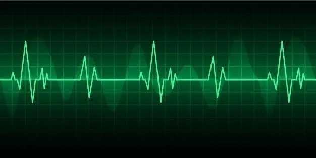 A green oscilloscope waveform showing the pulse of an electromagnetic signal